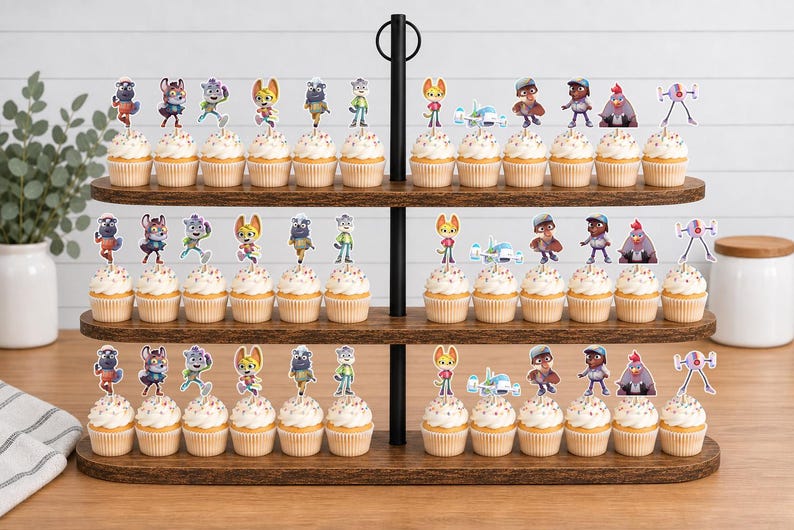 Puede incluir: Un soporte de madera para cupcakes de tres niveles con filas de cupcakes decorados con coloridos adornos de papel de personajes animados. La exhibici&oacute;n presenta varias figuras, incluyendo animales y robots, en cada nivel del soporte.