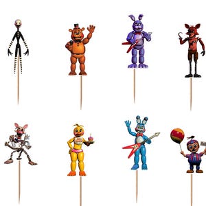 May include: A collection of character cake toppers from the video game series, Five Nights at Freddy's. The toppers include Freddy Fazbear, Bonnie, Chica, Foxy, and others. The toppers are on wooden sticks and are set against a white background.