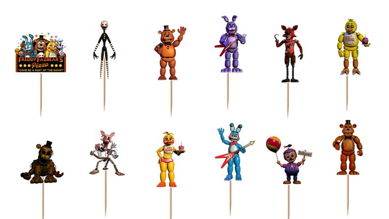 May include: A set of twelve decorative cupcake toppers featuring Five Nights at Freddy's characters including Freddy Fazbear, Bonnie, Chica, Foxy, and the Puppet, each attached to a wooden toothpick, plus a sign reading Freddy Fazbear's Pizza.