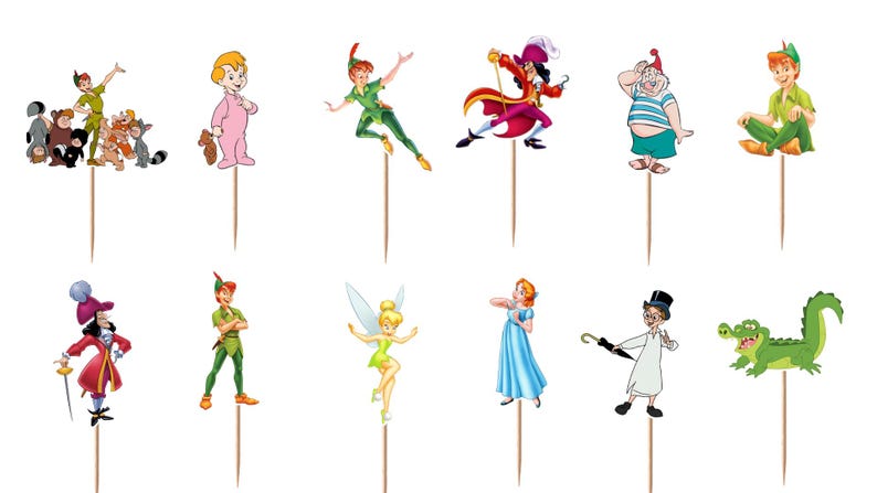 May include: A set of twelve decorative cupcake toppers featuring colorful illustrations of Peter Pan characters including Peter Pan, Captain Hook, Tinker Bell, Wendy, and the crocodile, each attached to a thin, pointed wooden toothpick stick.