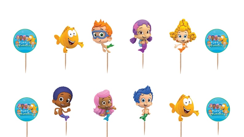 May include: A set of twelve decorative cupcake toppers featuring Bubble Guppies characters and circular blue logos with the text Bubble Guppies. Each topper is attached to a thin wooden pick, showcasing various animated figures in bright colors.