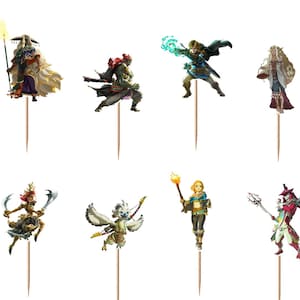 May include: A set of twelve decorative cupcake toppers featuring The Legend of Zelda: Tears of the Kingdom logo and various character illustrations, each attached to a thin wooden pick for insertion into food items for themed events.