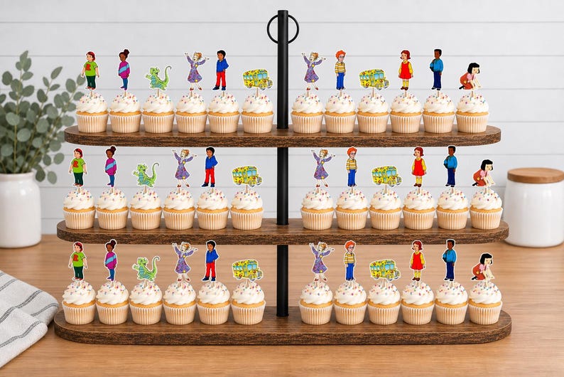 May include: A three-tiered wooden stand holding rows of cupcakes topped with colorful paper cutouts of cartoon characters, including children, a green creature, and a yellow school bus, arranged in repeating patterns across all three levels.