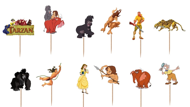 May include: A set of twelve decorative cupcake toppers featuring various animated characters and the word Tarzan. Each cutout is attached to a thin wooden pick. The collection includes figures of gorillas, a leopard, a man with a rifle, and a woman.