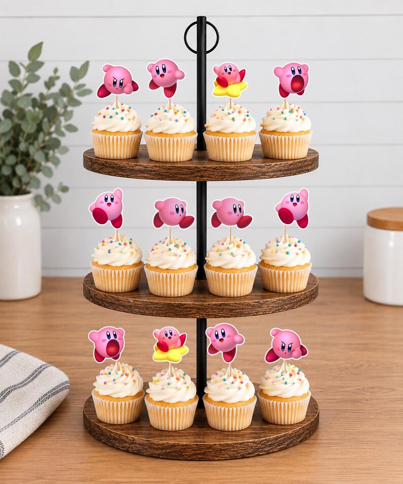 May include: A three-tiered wooden cupcake stand holding twelve cupcakes, each topped with a pink Kirby character paper topper. The cupcakes feature white frosting with colorful sprinkles, and the stand has a black metal central handle.