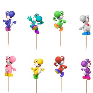 May include: A set of twelve colourful Yoshi character cupcake toppers, each attached to a thin wooden pick. The figures appear in various colours including yellow, blue, teal, green, white, brown, black, pink, red, purple, and orange, all in poses.