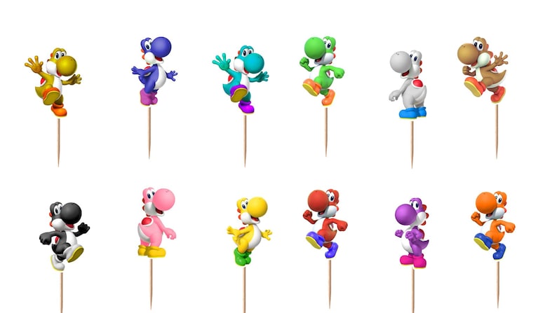 May include: A set of twelve colourful Yoshi character cupcake toppers, each attached to a thin wooden pick. The figures appear in various colours including yellow, blue, teal, green, white, brown, black, pink, red, purple, and orange, all in poses.