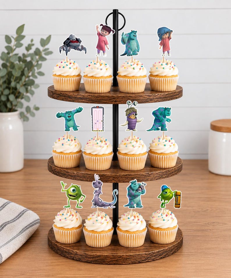 May include: A three-tiered wooden cupcake stand holding twelve cupcakes topped with white frosting and colourful sprinkles. Each cupcake features a paper cutout topper depicting various characters and objects from the movie Monsters, Inc.