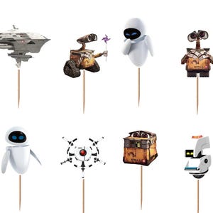 May include: A collection of cake toppers featuring characters and elements from the animated film "WALL-E." The toppers include WALL-E, EVE, and other robots, along with a spaceship and a green leaf symbol, all mounted on wooden sticks.