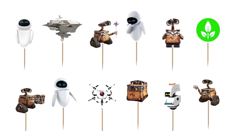 May include: A set of twelve decorative cupcake toppers featuring various characters and icons from the movie WALL-E, including Wall-E, Eve, the Axiom spaceship, and a green plant symbol, each attached to a thin wooden toothpick for insertion.