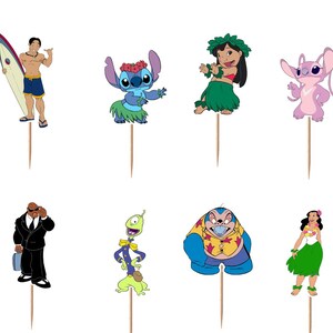 May include: A set of twelve decorative cupcake toppers featuring various cartoon characters from Lilo and Stitch, including Lilo, Stitch, Angel, and others, each attached to a thin wooden toothpick for insertion into food items.