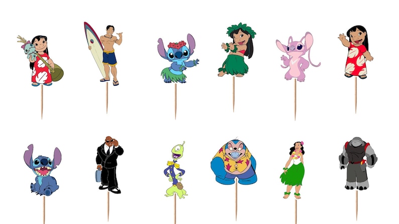 May include: A set of twelve decorative cupcake toppers featuring various cartoon characters from Lilo and Stitch, including Lilo, Stitch, Angel, and others, each attached to a thin wooden toothpick for insertion into food items.
