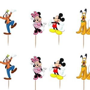 May include: A set of twelve decorative cupcake toppers featuring colorful illustrations of Donald Duck, Goofy, Minnie Mouse, Mickey Mouse, Pluto, and Daisy Duck, each attached to a thin wooden toothpick for insertion into food items.