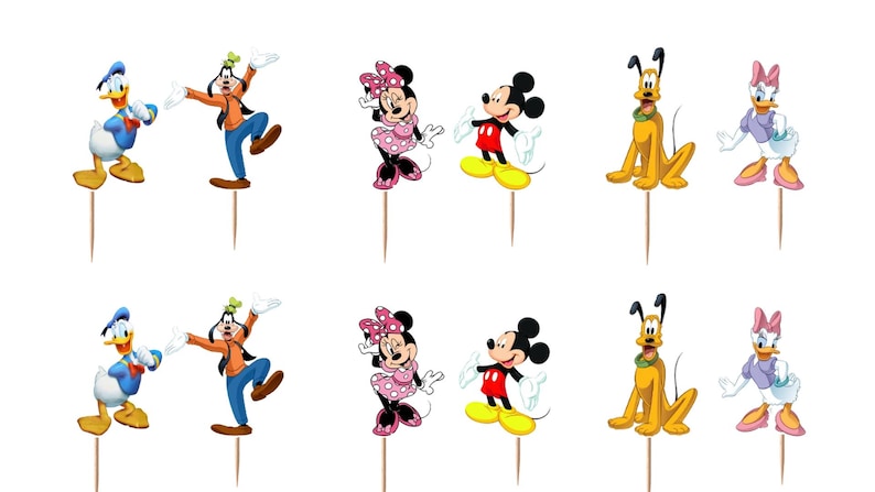 May include: A set of twelve decorative cupcake toppers featuring colorful illustrations of Donald Duck, Goofy, Minnie Mouse, Mickey Mouse, Pluto, and Daisy Duck, each attached to a thin wooden toothpick for insertion into food items.