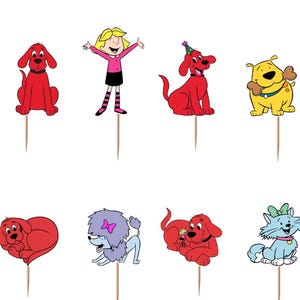 Pode incluir: Um conjunto de doze topos de cupcake com personagens de desenhos animados de Clifford o gigante c&atilde;o vermelho, incluindo o c&atilde;o vermelho, um c&atilde;o amarelo, um c&atilde;o azul, um gato azul claro e duas crian&ccedil;as, fixados em palitos de madeira.