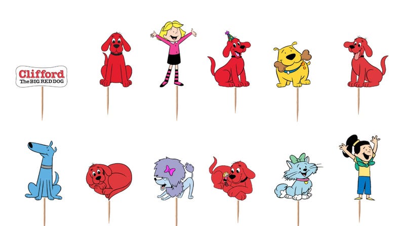 Pode incluir: Um conjunto de doze topos de cupcake com personagens de desenhos animados de Clifford o gigante c&atilde;o vermelho, incluindo o c&atilde;o vermelho, um c&atilde;o amarelo, um c&atilde;o azul, um gato azul claro e duas crian&ccedil;as, fixados em palitos de madeira.