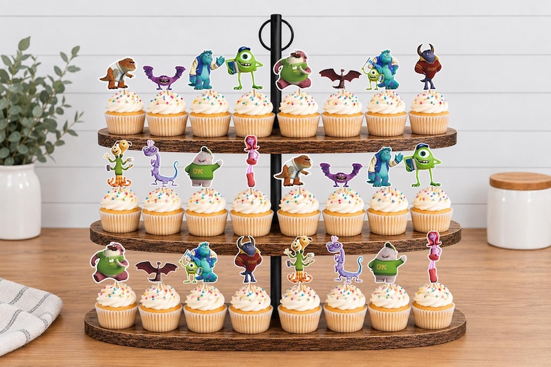 May include: A three-tiered wooden cupcake stand holding twenty-four cupcakes, each topped with a colorful paper cutout of a character from the Monsters University film. The stand features a central black metal handle and a dark brown wood grain finish.