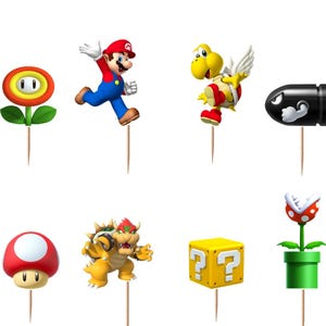 May include: A set of twelve decorative food picks featuring various Super Mario characters and items, including Mario, Bowser, a brick block, a question mark block, a fire flower, a mushroom, a piranha plant, a Goomba, a Koopa Troopa, and a flag.