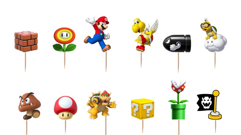 May include: A set of twelve decorative food picks featuring various Super Mario characters and items, including Mario, Bowser, a brick block, a question mark block, a fire flower, a mushroom, a piranha plant, a Goomba, a Koopa Troopa, and a flag.