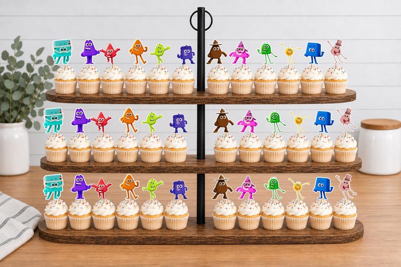 May include: A three-tiered wooden cupcake stand holding rows of cupcakes topped with colorful, cartoon-style character toppers. The toppers feature various shapes and vibrant colors, including blue, purple, red, orange, green, brown, and pink figures.