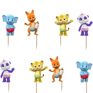 Puede incluir: Un conjunto de adornos para cupcakes con tem&aacute;tica de Word Party que incluye personajes de dibujos animados coloridos como un elefante azul, un canguro naranja, un leopardo amarillo, un panda morado, una tortuga verde y un televisor azul.