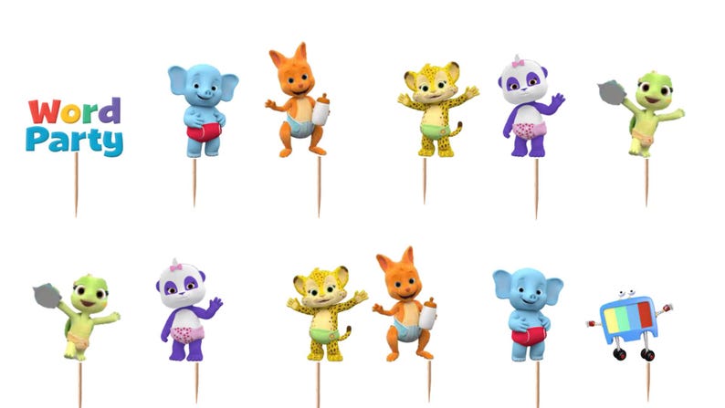 Puede incluir: Un conjunto de adornos para cupcakes con tem&aacute;tica de Word Party que incluye personajes de dibujos animados coloridos como un elefante azul, un canguro naranja, un leopardo amarillo, un panda morado, una tortuga verde y un televisor azul.