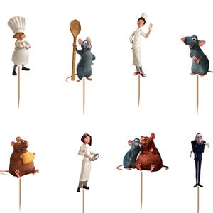 May include: A set of twelve decorative cupcake toppers featuring various animated characters, including grey rats, chefs in white uniforms, and other figures, each attached to a thin wooden pick for insertion into food items.