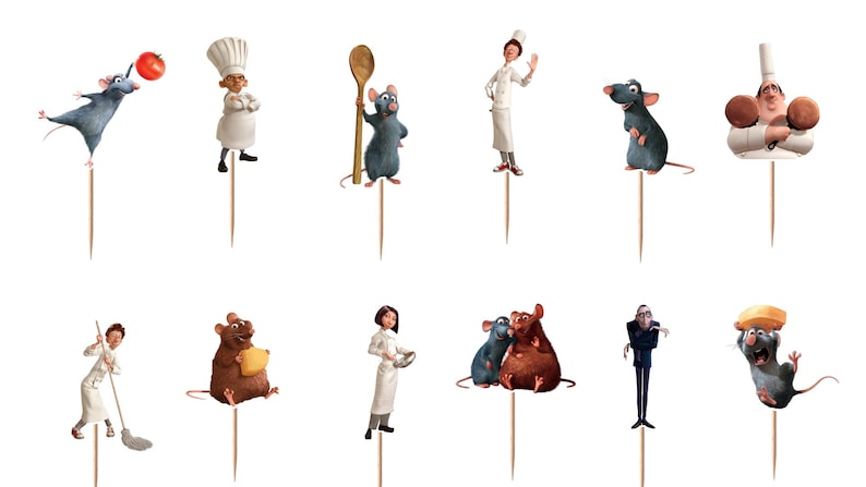 May include: A set of twelve decorative cupcake toppers featuring various animated characters, including grey rats, chefs in white uniforms, and other figures, each attached to a thin wooden pick for insertion into food items.