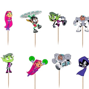 May include: A set of twelve decorative cupcake toppers featuring various Teen Titans Go characters including Raven, Starfire, Robin, Beast Boy, and Cyborg. Each character cutout is attached to a thin wooden toothpick for easy insertion into food.
