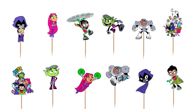 May include: A set of twelve decorative cupcake toppers featuring various Teen Titans Go characters including Raven, Starfire, Robin, Beast Boy, and Cyborg. Each character cutout is attached to a thin wooden toothpick for easy insertion into food.