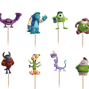 May include: A set of twelve decorative cupcake toppers featuring various colorful monster characters from Monsters University, each attached to a thin wooden pick. The characters include blue, green, purple, and red figures in various poses.
