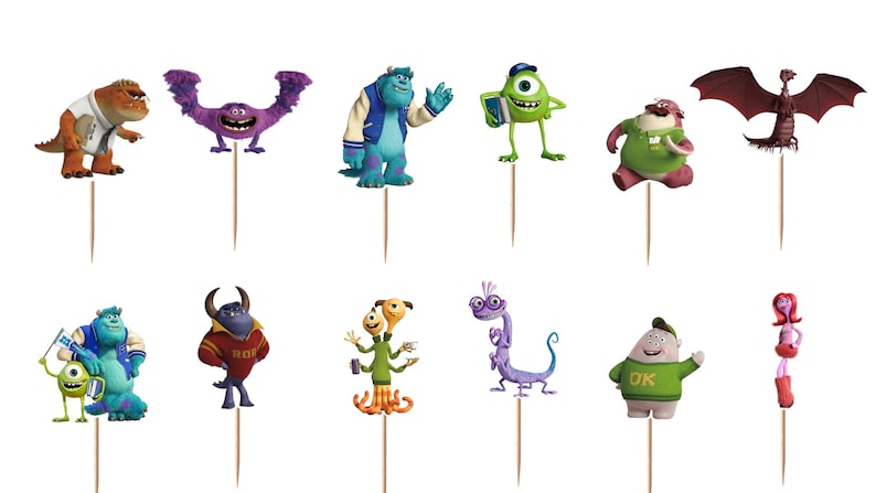 May include: A set of twelve decorative cupcake toppers featuring various colorful monster characters from Monsters University, each attached to a thin wooden pick. The characters include blue, green, purple, and red figures in various poses.