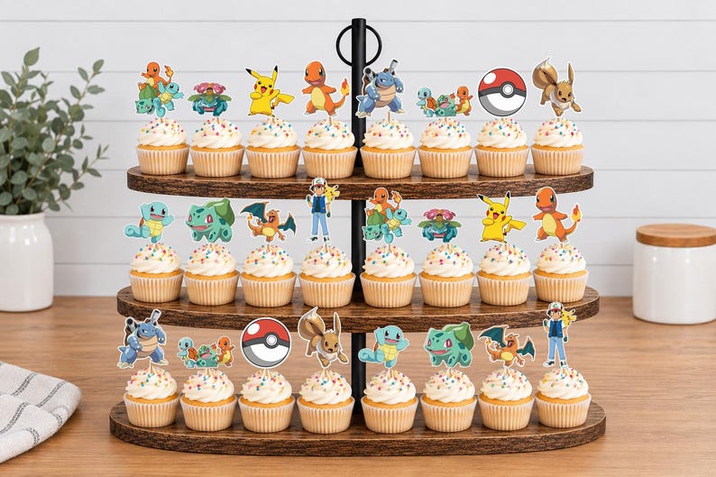 May include: A three-tiered wooden cupcake stand holding twenty-four cupcakes topped with colorful paper cutouts of various animated creatures and a red and white ball. Each cupcake features a different character design on a stick inserted into the frosting.
