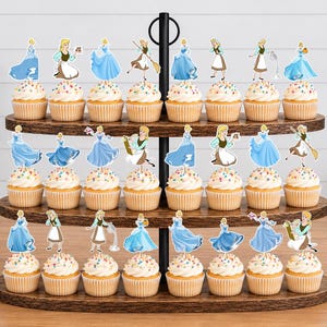 May include: A three-tiered wooden cupcake stand holding twenty-four cupcakes, each topped with a paper cutout of a character in either a blue gown or a brown and white dress. The cupcakes feature white frosting with colorful sprinkles in paper liners.