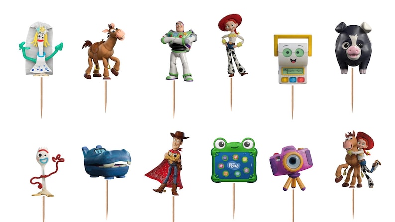 May include: A set of twelve decorative cupcake toppers featuring various animated characters and objects, including a white spork, a brown horse, a space ranger, a cowgirl, a yellow and white device, a black and white pig, a blue hippo, a cowboy, a green frog tablet, and a purple camera.
