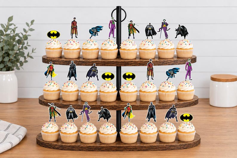 May include: A three-tiered wooden cupcake stand holding twenty-four cupcakes topped with paper cutouts of Batman, Robin, The Joker, and the yellow and black Batman logo. The stand features a central black metal handle and oval-shaped shelves.