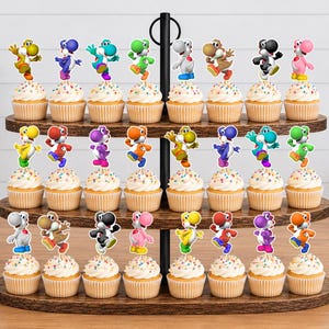 May include: A three-tiered wooden cupcake stand holding twenty-four cupcakes, each topped with a colourful Yoshi character cutout. The Yoshi figures appear in various colours including yellow, blue, green, white, brown, black, pink, orange, and red.