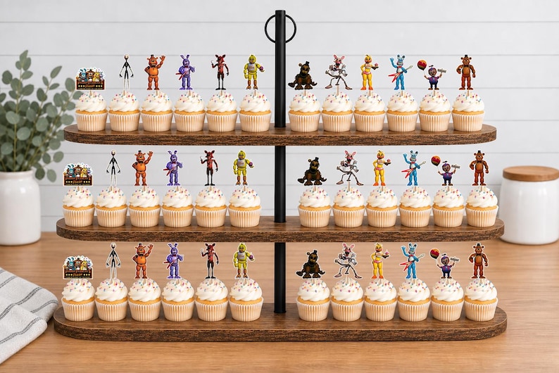 May include: A three-tiered wooden cupcake stand holding numerous cupcakes topped with various Five Nights at Freddy's character paper toppers. The toppers feature colourful illustrations of animatronic figures, including bears, rabbits, and foxes, arranged in rows across the three tiers.