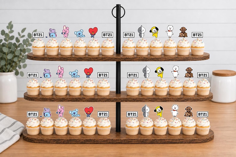 Peut inclure: Un pr&eacute;sentoir &agrave; cupcakes en bois &agrave; trois niveaux contenant des cupcakes surmont&eacute;s de d&eacute;corations en papier repr&eacute;sentant les personnages BT21. Chaque d&eacute;coration affiche un personnage color&eacute; et le logo BT21. Le support a un m&acirc;t central noir.