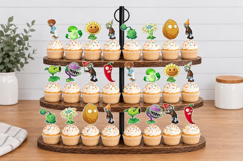 May include: A three-tiered wooden cupcake stand holding twenty-four cupcakes, each topped with a decorative paper cutout featuring characters and plants from the Plants vs. Zombies game, including sunflowers, walnuts, chili peppers, and various zombies.