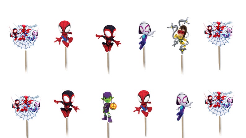 Pu&ograve; includere: Una collezione di decorazioni per cupcake a tema supereroi. Le decorazioni presentano vari personaggi, tra cui Spider-Man, Miles Morales, Spider-Gwen e Doctor Octopus. Ogni personaggio &egrave; montato su uno stecchino di legno, perfetto per decorare cupcake.