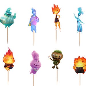 May include: A set of twelve decorative cupcake toppers featuring various colourful animated characters. Each character is attached to a thin wooden pick. The figures include flame-like beings, water-inspired forms, and earthy creatures in vibrant shades of orange, blue, purple, green, and tan.