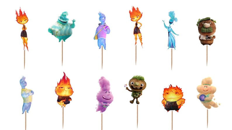 May include: A set of twelve decorative cupcake toppers featuring various colourful animated characters. Each character is attached to a thin wooden pick. The figures include flame-like beings, water-inspired forms, and earthy creatures in vibrant shades of orange, blue, purple, green, and tan.