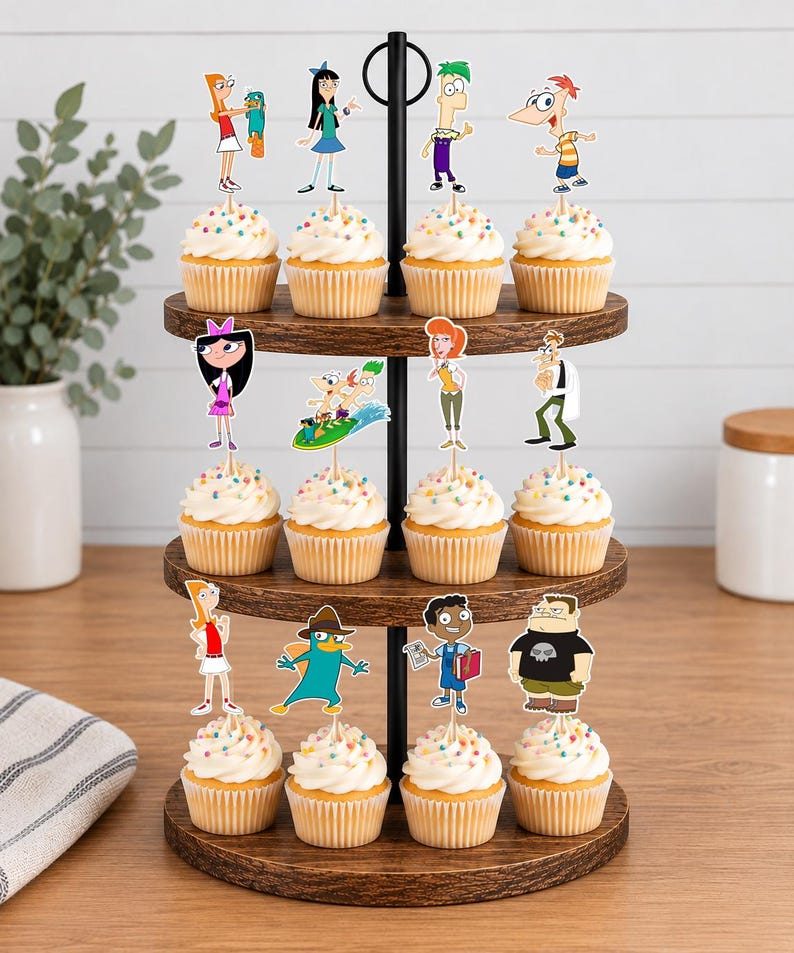 May include: A three-tiered wooden cupcake stand holding twelve cupcakes, each topped with a paper cutout of a Phineas and Ferb character. The cupcakes feature white frosting with colorful sprinkles, arranged on dark brown circular wooden trays.