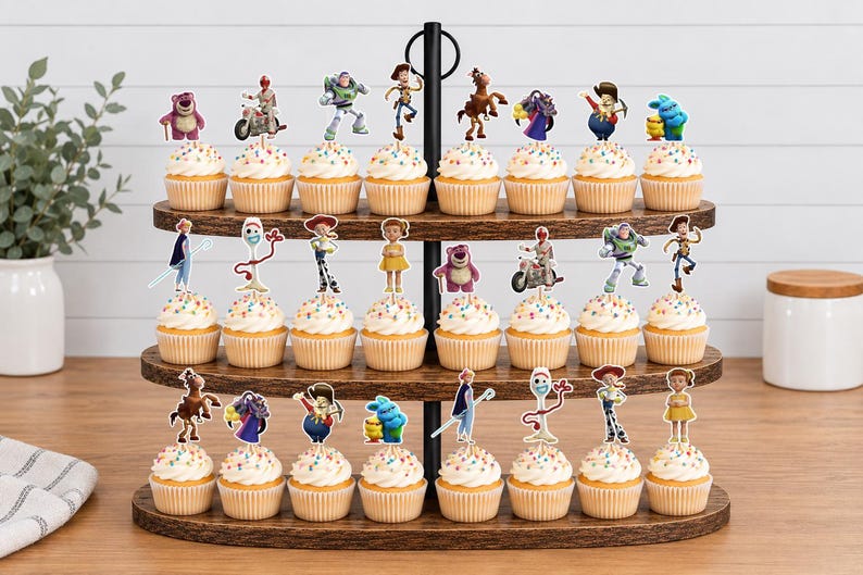 Puede incluir: Un soporte de madera para cupcakes de tres niveles con veinticuatro cupcakes, cada uno decorado con un peque&ntilde;o recorte de papel colorido de varios personajes de Toy Story, incluidos Buzz Lightyear, Woody, Forky y Lotso.