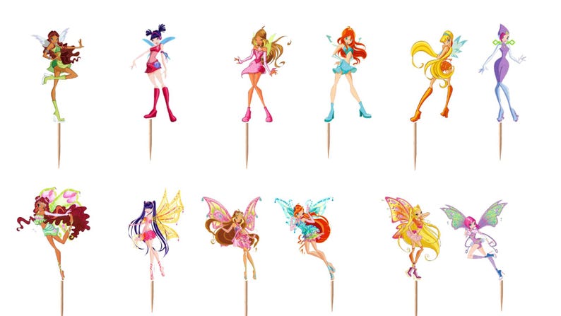 May include: A set of twelve decorative cupcake toppers featuring various animated fairy characters in colorful outfits and wings, each attached to a thin wooden pick. The characters display diverse hair colors, poses, and wing designs.