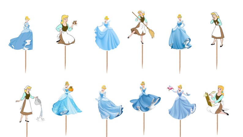 May include: A set of twelve decorative cupcake toppers featuring various illustrations of Cinderella in different outfits, including a blue ball gown and a brown and white work dress, each attached to a thin, pointed wooden pick for insertion.
