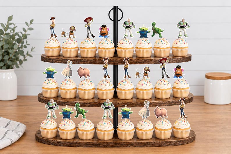 May include: A three-tiered wooden cupcake stand holding twenty-four cupcakes, each topped with a decorative paper cutout of a character from the Toy Story film franchise, including Woody, Buzz Lightyear, Jessie, Rex, Slinky Dog, and Mr. Potato Head.