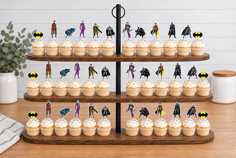 May include: A three-tiered wooden cupcake stand holding numerous cupcakes topped with decorative paper cutouts featuring Batman, Robin, Joker, and the yellow Batman logo. The stand has a black metal central handle and a dark wood finish.