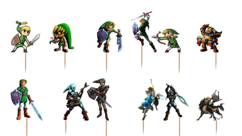 Op de afbeelding: Een set van twaalf decoratieve cupcake-toppers met diverse ge&iuml;llustreerde personages uit de Legend of Zelda-serie, elk bevestigd op een dunne houten tandenstoker. De figuren omvatten verschillende versies van Link, een Deku Scrub en Epona.